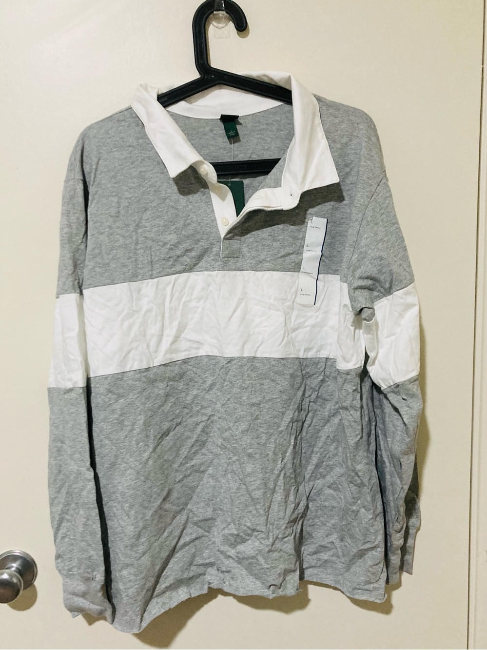 NEW Wild Fable size L Grey & White Rugby Polo Shirt Long Sleeve